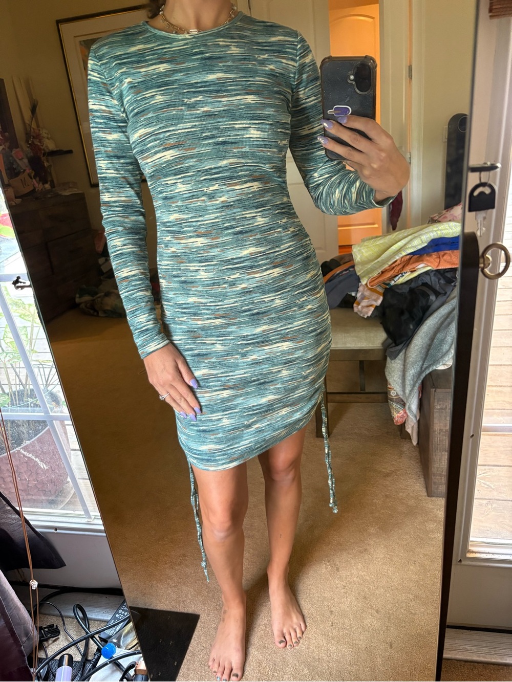 Rue 21 Long Sleeve Teal Space-Dye Bodycon Dress